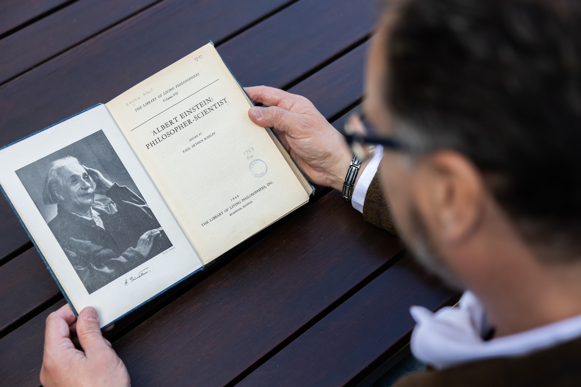 An open 1949 edition of Albert Einstein: Philosopher-Scientist